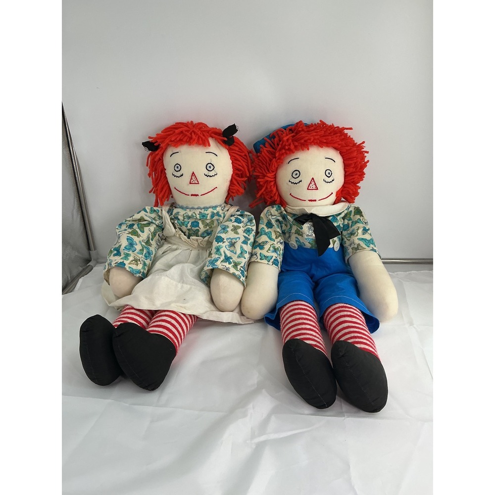 Vintage Raggedy Ann and Andy 26" Handmade Cloth Dolls Butterfly Print Outfits